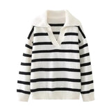 New Striped Long Sleeved Knit Sweater Women Loose Soft Polo Collar Warm Pullover  Autumn Fashion Female Street Jumper