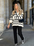 New Striped Long Sleeved Knit Sweater Women Loose Soft Polo Collar Warm Pullover  Autumn Fashion Female Street Jumper