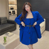 Women Fashion 2 Piece Dress Suits Blue Black Belted A Line Dress&amp;Long Sleeve Blazer Jacket Outfits Elegant Lady 2PC Skirt Sets