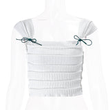 Y2K Cute Bow Lace Up Crop Top Aesthetic Texture Square-neck Sleeveless T Shirt Summer Women Streetwear Slim Tees