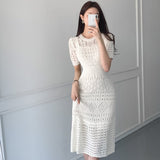 Casual Chic Korean Temperament Slim Sexy Hollow Out Dresses O Neck Short Sleeve Wrap Hip Knitted Dress White Lady Summer