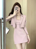 Autumn Pink Two Piece Dress Set Women Blazer Coat+Strap Dress Set Female Casual Korean Fashion Slim Elegant Dress Suit