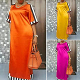 Bohemian Maxi Long Dress Pbong  Summer Women O Neck Striped Satin Sundress Beach Baggy Half Sleeve Party Vestido Robe Longue