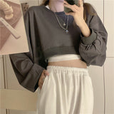 Streetwear Women Sexy Solid Cropped Sweatshirts Oversize Loose Harajuku BF Pullovers Spring Korean Chic Casual Y2k Tops