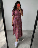 Boho French Style Flower Printed Dress Women V-Neck Elegant Lace-up Sundress Summer Elegantes Para Mujer Maxi Dress Vestido