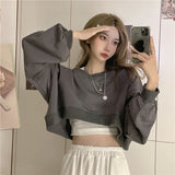 Streetwear Women Sexy Solid Cropped Sweatshirts Oversize Loose Harajuku BF Pullovers Spring Korean Chic Casual Y2k Tops