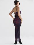 Purple Print Sexy Long Fishtail Dress For Women Robe Spaghetti Strap Sleeveless Backless Ruched Maxi Dress