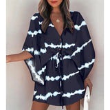 Summer Boho Mini Dress Women Flora Print Batwing Sleeve Lace-Up V Neck Loose Button Dresses Ladies Beach Party Dress Vestido