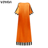 Bohemian Maxi Long Dress Pbong  Summer Women O Neck Striped Satin Sundress Beach Baggy Half Sleeve Party Vestido Robe Longue