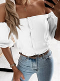 Women Sexy Slash Neck Lantern Sleeve Blouse Summer Solid Off Shoulder Single-breasted Tops Elegant Office Casual Shirt Cardigan