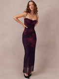 Purple Print Sexy Long Fishtail Dress For Women Robe Spaghetti Strap Sleeveless Backless Ruched Maxi Dress