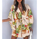 Summer Boho Mini Dress Women Flora Print Batwing Sleeve Lace-Up V Neck Loose Button Dresses Ladies Beach Party Dress Vestido