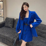 Women Fashion 2 Piece Dress Suits Blue Black Belted A Line Dress&amp;Long Sleeve Blazer Jacket Outfits Elegant Lady 2PC Skirt Sets