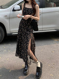 Y2k Vintage Black Floral Dress Women Korean Style Mesh Irregular Split One Piece Slip Long Chiffon Fairy Dresses Summer