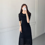 Casual Chic Korean Temperament Slim Sexy Hollow Out Dresses O Neck Short Sleeve Wrap Hip Knitted Dress White Lady Summer