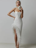 New Women Sexy Strapless Black White Feather Midi Bandage Dress Split Knitted Elegant Evening Bodycon Party Dress