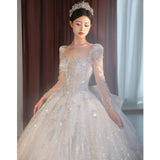 Long Sleeve Beading Wedding Dress Sexy See Through Square Collar Luxury Sweep Train Winter Bridal Gowns