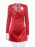 Red Lace Sexy Mini Dress For Women Robe Full Sleeve Square Collar Lace-up Wrap Hip Bodycon Club Party Dress Vestido