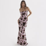 Purple Print Sexy Long Fishtail Dress For Women Robe Spaghetti Strap Sleeveless Backless Ruched Maxi Dress