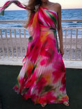 New Colorful Gradient Print Boho Holiday Dress Women Skew Collar Bow Long Party Dress Spring Summer Backless Pleated Beach Dress