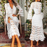 Women's Party Dress Lace Dress Homecoming Dress Long Dress Maxi Dress White Yellow Pink Long Sleeve Pure Color Lace Summer Spring Fall Deep V Fashion Winter Dress Birthday Wedding Guest S M L XL