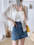 Women's Cardigan Sweater Jumper Crochet Knit Embroidered Hole Solid Color Open Front Stylish Casual Daily Going out Summer Spring White Beige One-Size