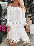 Women's Casual Dress Lace Dress Shift Dress Plain Lace Backless Off Shoulder Mini Dress Basic Elegant Outdoor Daily 3/4 Length Sleeve Loose Fit White Spring Summer S M L XL XXL
