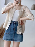 Women's Cardigan Sweater Jumper Crochet Knit Embroidered Hole Solid Color Open Front Stylish Casual Daily Going out Summer Spring White Beige One-Size