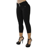 Women Sexy Casual Cropped Pants Solid Color Button Fly Waist Slim Trousers Breathable Elastic Pencil Pants