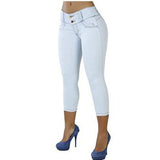 Women Sexy Casual Cropped Pants Solid Color Button Fly Waist Slim Trousers Breathable Elastic Pencil Pants