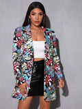 Vintage Letter Irregular Printing Blazer Women Jacket High Street Fashion New Plus Size Elegant Lady Coat American Stylish