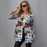 Vintage Letter Irregular Printing Blazer Women Jacket High Street Fashion New Plus Size Elegant Lady Coat American Stylish