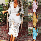 Women's Party Dress Lace Dress Homecoming Dress Long Dress Maxi Dress White Yellow Pink Long Sleeve Pure Color Lace Summer Spring Fall Deep V Fashion Winter Dress Birthday Wedding Guest S M L XL