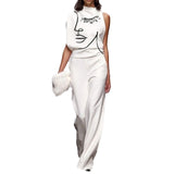 Women's Jumpsuit Print Crew Neck Elegant Daily Vacation Straight Regular Fit Sleeveless White S M L Spring